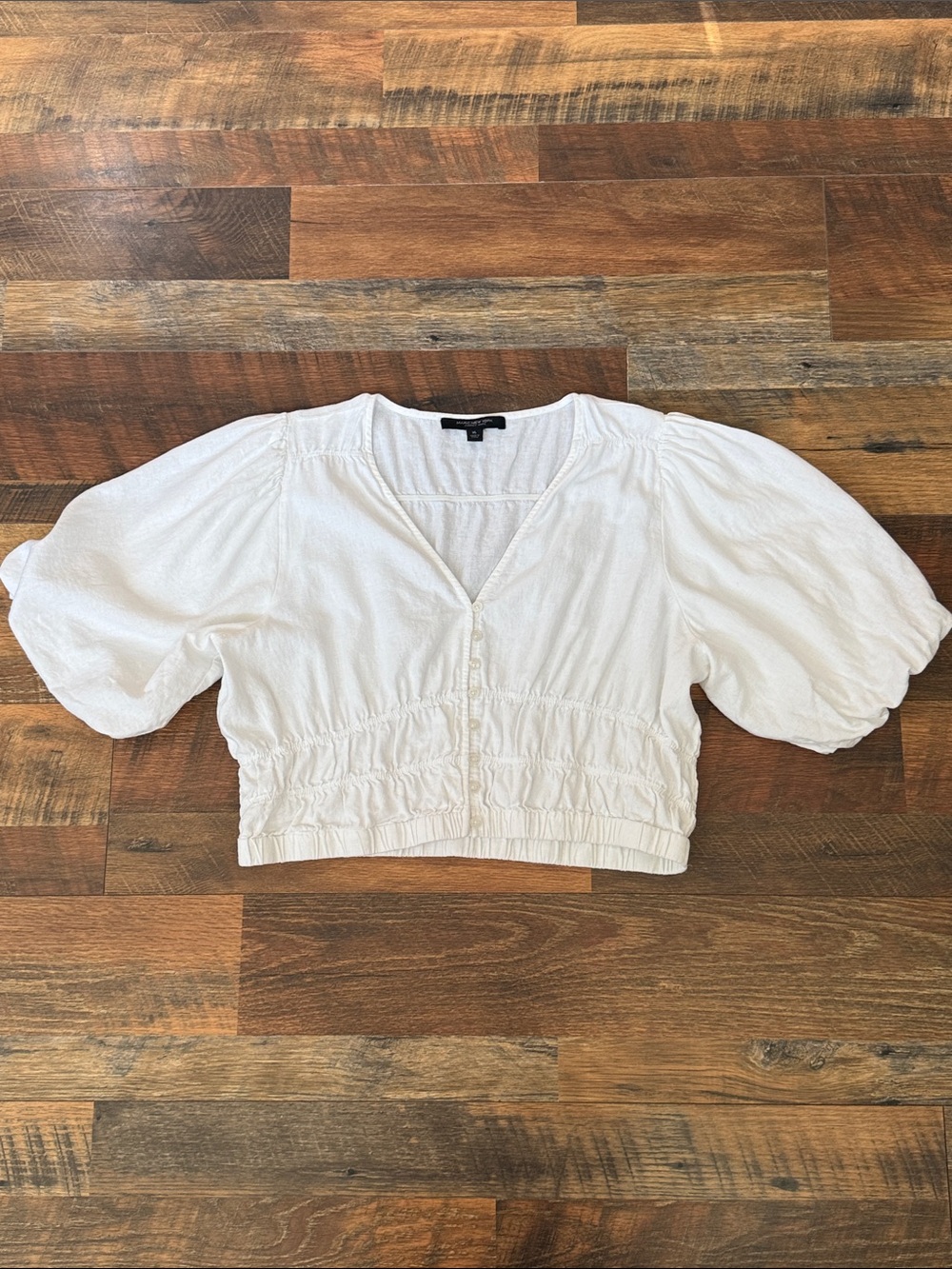 Marc New York Andrew Marc White Linen Blend Smocked Puff Sleeve Crop Top XL - Picture 1 of 8